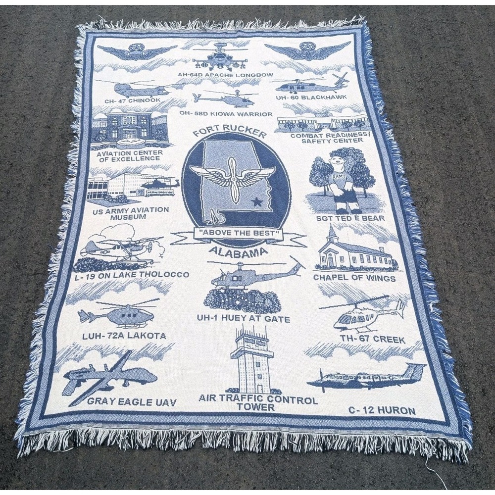 Vintage Fort Rucker Alabama Tapestry Throw Blanket 64" x 47" US Army Aviation